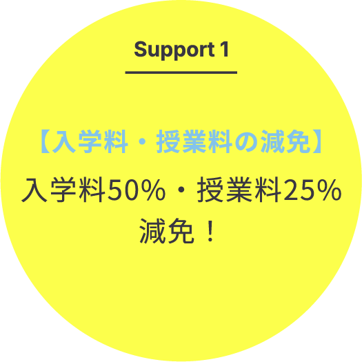 Support1 【入学料・授業料の減免】 入学料50%・授業料25%減免！